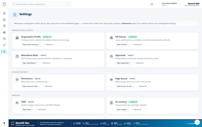 The QuantX Ops settings page with configuration cards for organisation profile, HR policies, attendance, permissions and modules