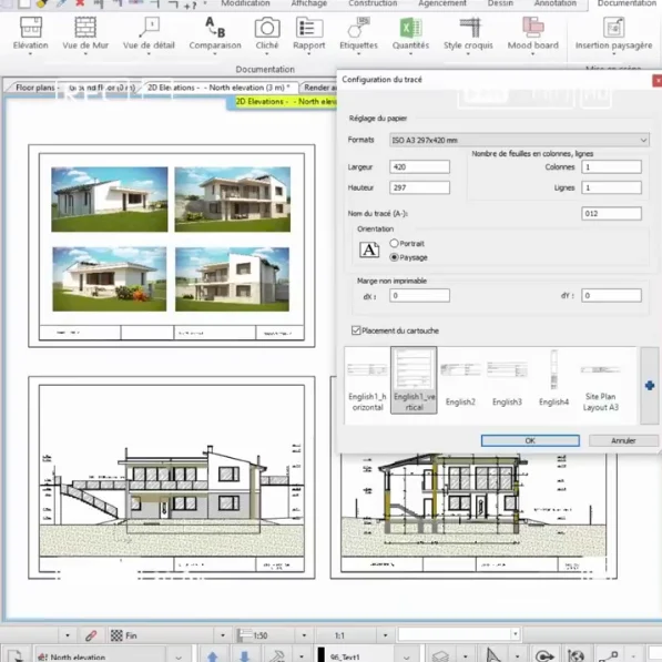 GstarBIM documentation layout: an A3 sheet combining exterior renders, a north elevation and a building section