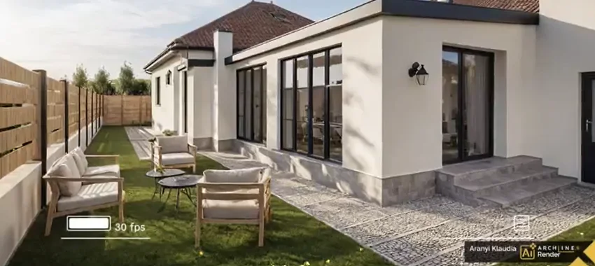 Photorealistic exterior render of a single-storey house and garden terrace produced from a GstarBIM model