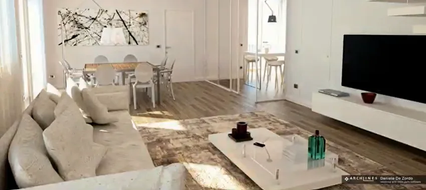 Photorealistic interior render of an open-plan living and dining space produced from a GstarBIM model