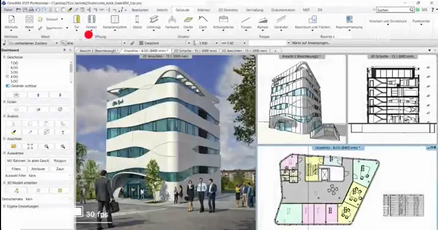 The GstarBIM 2025 Professional workspace: a 3D building model beside its elevation, section and colour-coded floor plan