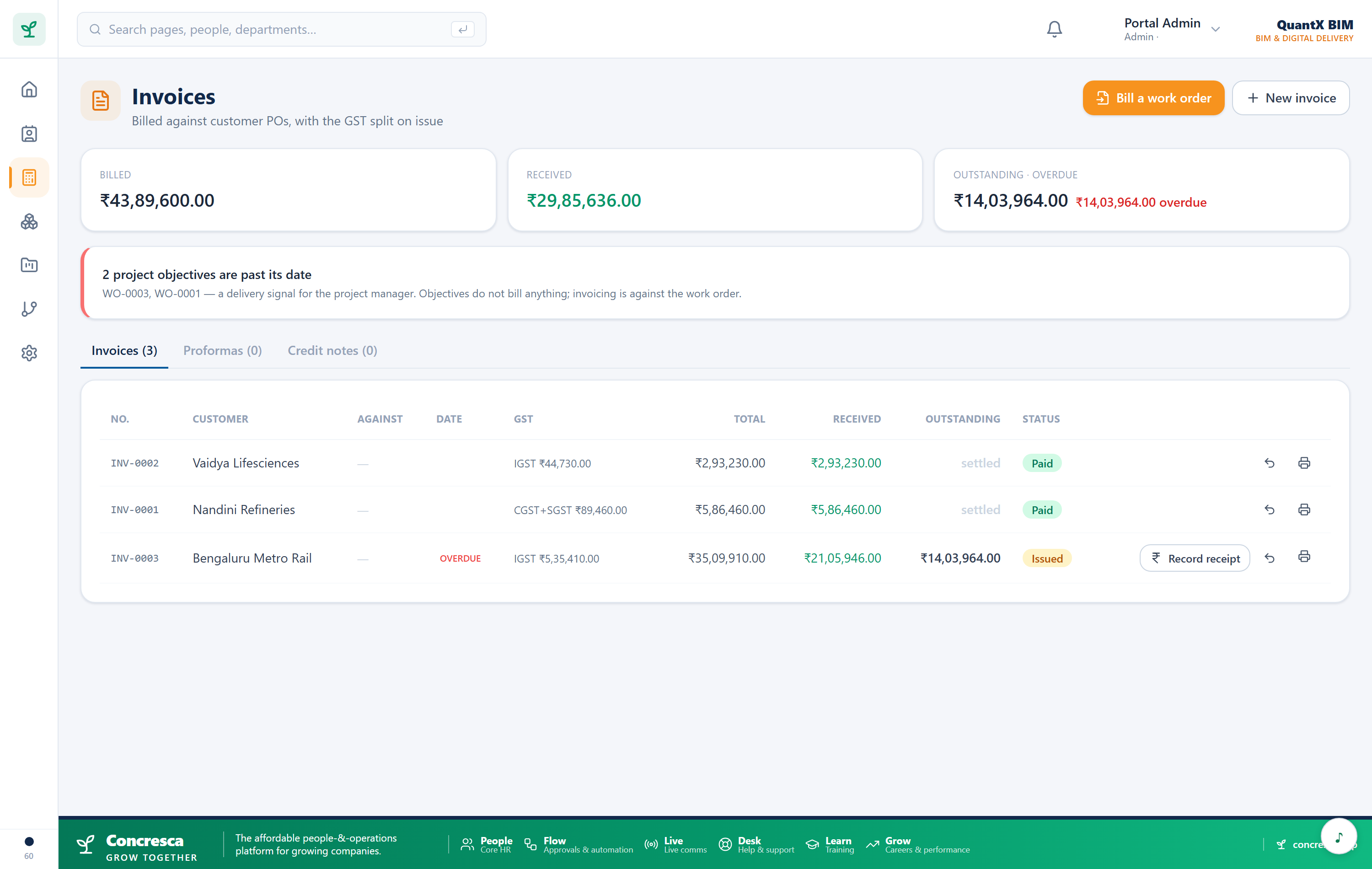 The Invoices screen — billed, received and outstanding, with the work order each invoice bills against