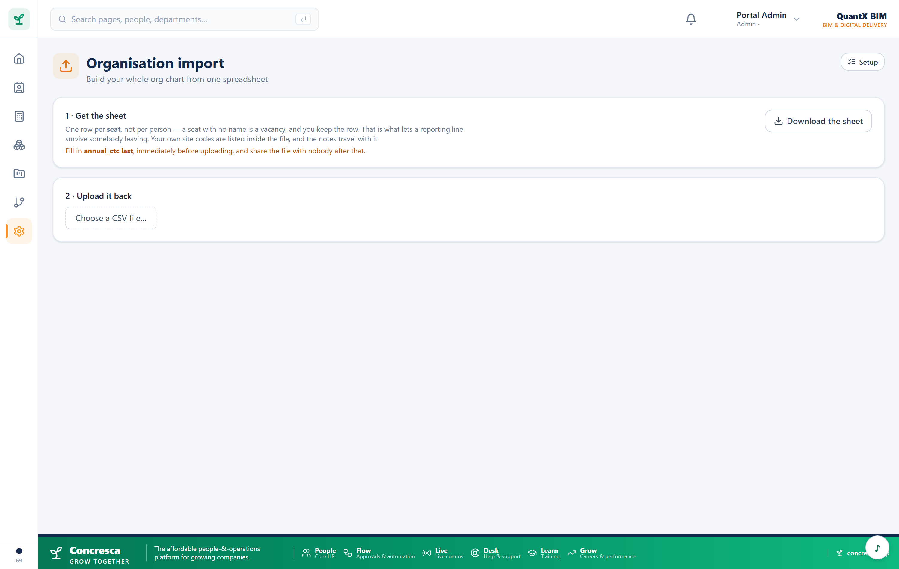 The organisation import — download, fill in, check, then apply