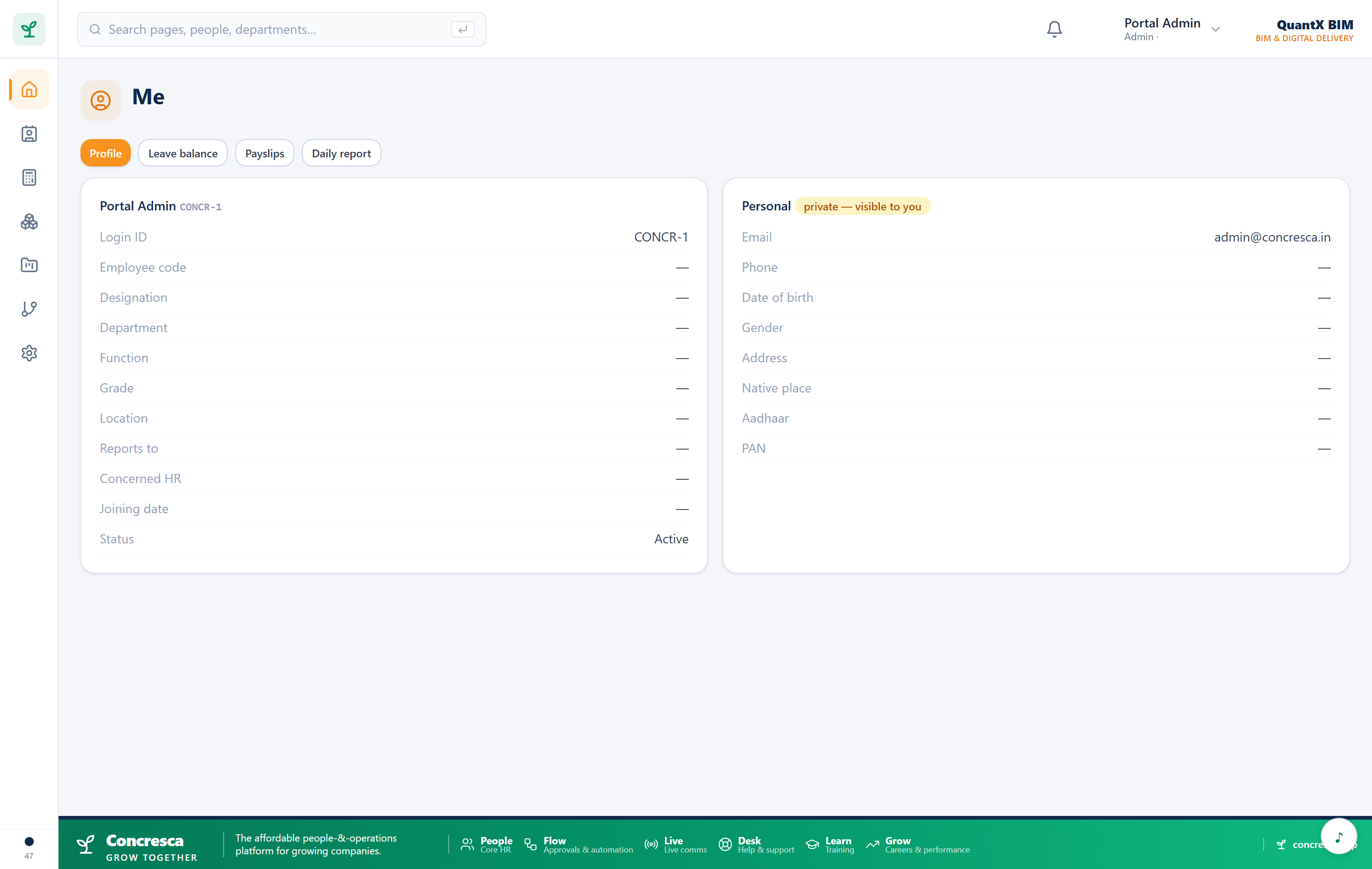 The employee's own page — details, documents, leave balance and payslips